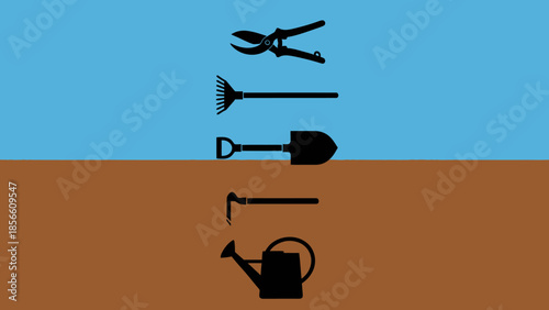 Collection of Garden Tools Silhouettes on a Blue and Brown Background - Essential Gardening Equipment Icons
