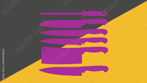 Collection of six sharp kitchen knives arranged vertically on a split yellow and gray background, representing culinary tools