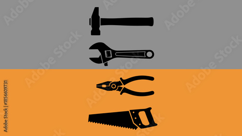 Collection of various hand tools including a hammer, wrench, pliers, and saw, set against a split grey and orange background