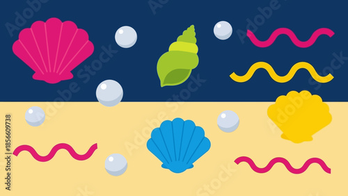 Oceanic Delights A Vibrant Underwater Scene Featuring Seashells and Bubbles