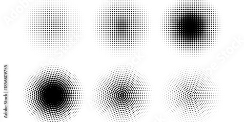 Set of halftone dots pattern texture isolated on white background. Dotted spots using halftone circle dot raster texture collection. Vector half tone collection.