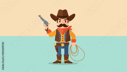 Wild West Cowboy Character Holding a Revolver and Lasso, Ready for Action in a Cartoon Style