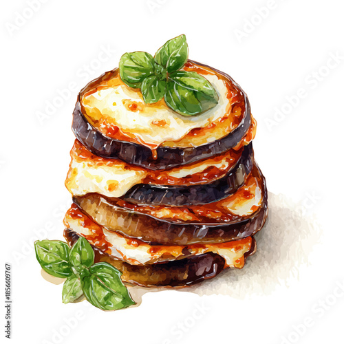 Eggplant Parmesan, watercolor painting, vector illustration, isolated on a white background.