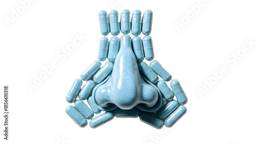 Nose shape made of blue capsules arranged on black background, creative medicine concept