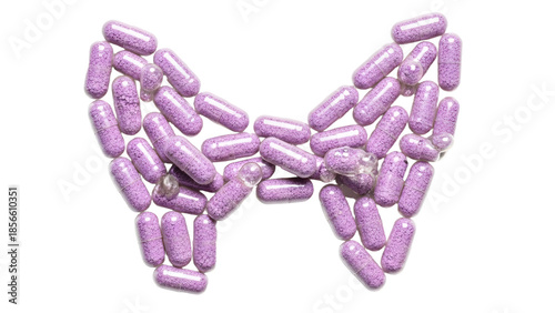 Purple capsules arranged in the shape of a bow tie on a white background, ideal for health or pharmaceutical concepts