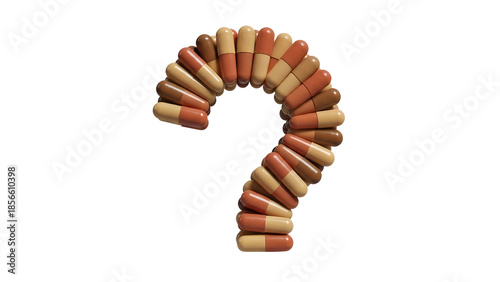 Question mark shaped arrangement of assorted capsules representing medical questions and healthcare uncertainty