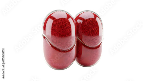 Two shiny red capsules isolated on white background, medicine and health concept, perfect for pharmaceutical and medical presentations