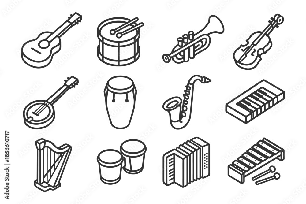 Obraz premium Outline icons of musical instruments including violin, trumpet, saxophone, and drum set.