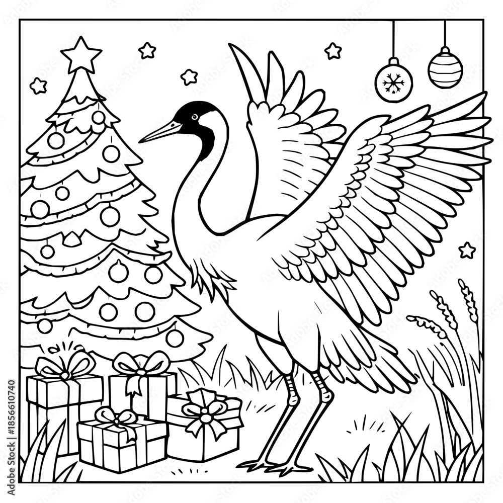Fototapeta premium Cranes Spreading Wings Near Christmas Tree with Gifts in Festive Scene with crane and holiday decorations and coloring page in nature wildlife for winter