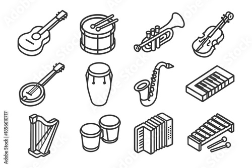 Outline icons of musical instruments including violin, trumpet, saxophone, and drum set.