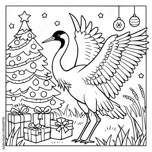 Cranes Spreading Wings Near Christmas Tree with Gifts in Festive Scene with crane and holiday decorations and coloring page in nature wildlife for winter