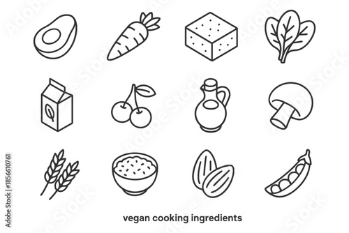 Vegan cooking ingredients: avocado, carrot, tofu, spinach, milk, cherry, oil, mushroom, wheat, rice, almonds, peas.