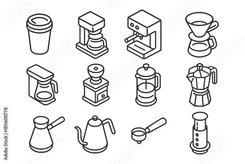 Line art icons of coffee makers and accessories in isometric style.