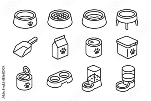 Pet food and water container icons: bowls, scoops, bags, and automatic dispensers.