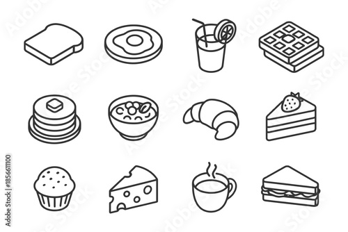 Line art breakfast icons: toast, egg, juice, waffle, pancakes, cereal, croissant, cake, muffin, cheese, coffee, sandwich.