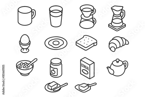Outline icons of breakfast foods and beverages for morning meals.
