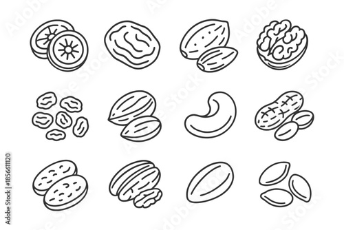 Collection of hand-drawn nut icons: cashews, peanuts, walnuts, pecans, almonds, seeds.