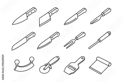 Outline of kitchen utensils: knives, forks, rolling pin, and more.