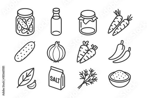 Line art icons of pickling ingredients and preserved foods.