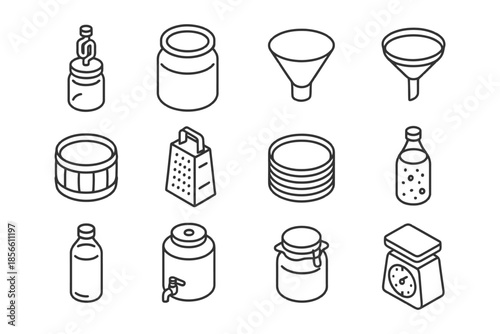 Collection of kitchen utensils and containers in simple line art style.