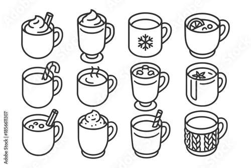 Wallpaper Mural Festive hot beverage icon set with diverse mugs and seasonal decorations. Torontodigital.ca