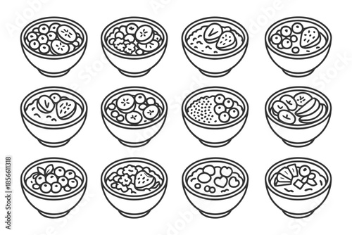 Assorted food bowls with fruits and grains.