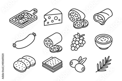 Outlined food icons: cheese, sausage, bread, grapes and more.