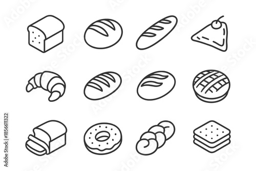 Assorted bread and pastry icons - line art collection of loaves, croissants, donuts, and sandwiches.