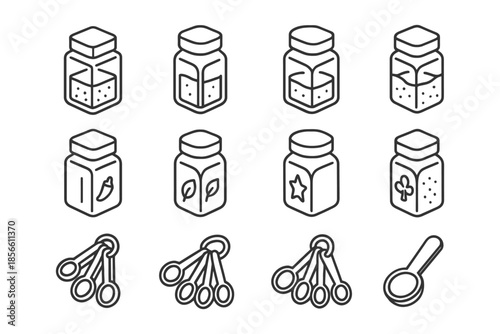 Isometric spice jar icons with measuring spoons and assorted herbs.