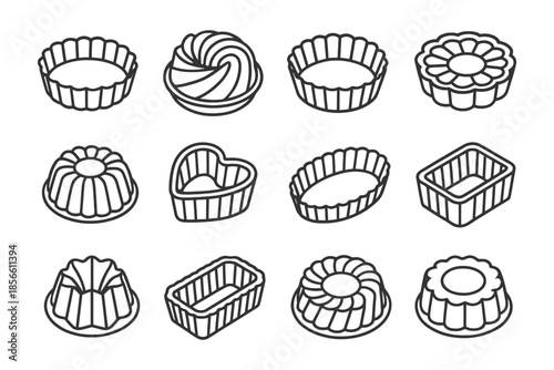 Vector set of twelve unique cake and tart mold designs.