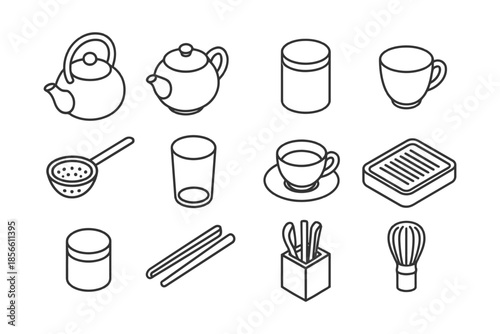 Tea and kitchen utensil line art set with teapots, cups, and whisk.