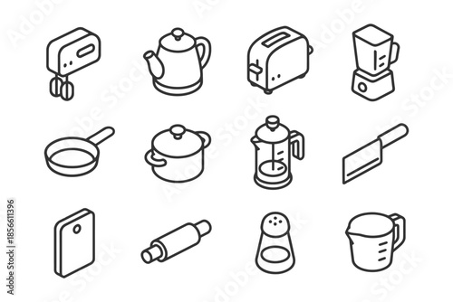 Outline icons of kitchen appliances and utensils: mixer, teapot, toaster, blender, frying pan, pot, french press.