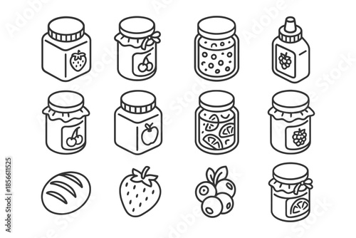 Outline icons of jars with fruits and bread.