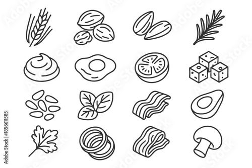 Outline icons of food ingredients: nuts, herbs, eggs, vegetables, and more.