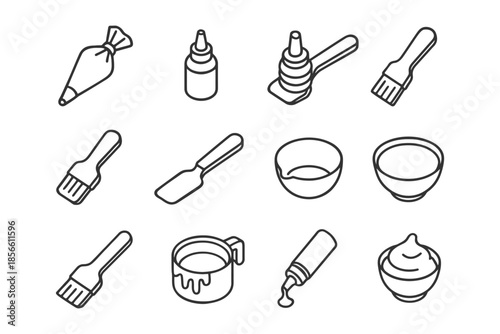 Outline icons of baking tools: piping bag, bottle, brushes, spatula, bowls, measuring cup, icing tube.