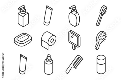 Black and white outline of personal hygiene items and toiletries collection.
