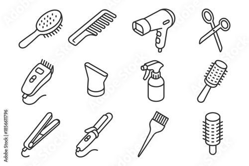 Collection of hair styling tools: brushes, combs, scissors, hair dryer, and more.