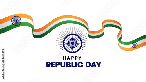 Republic Day patriotic design featuring Ashoka chakra with flowing Indian tricolor ribbon for national pride celebration poster background illustration