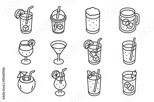 Outline icons of various cocktails and beverages with ice cubes and straws.