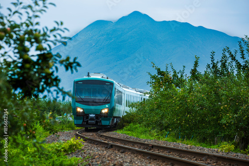 Fotografie Resort Shirakami sightseeing train running through apple orchards with Mount Iwa