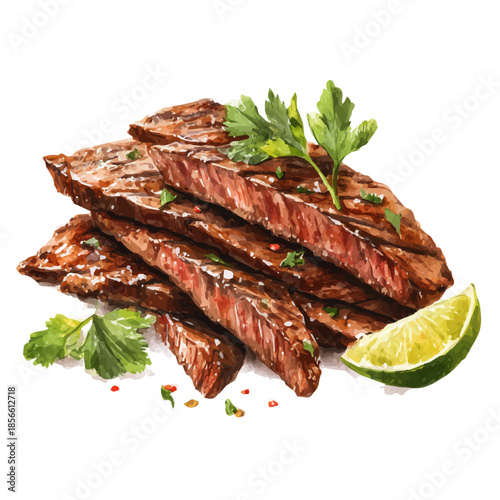 Watercolor painting of Carne Asada, vector illustration, isolated on white background.