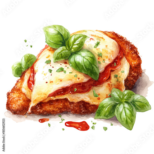 Chicken Parmigiana, watercolor illustration, vector style, isolated on a white background.