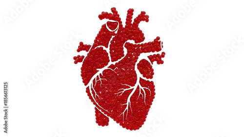 Detailed red anatomical heart model with visible arteries and veins on black background, ideal for medical education and healthcare presentations