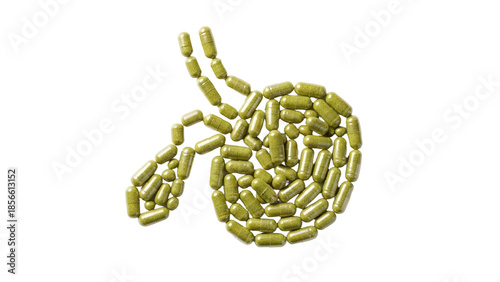 Green capsules arranged in the shape of a colon isolated on white background, concept for digestive health or probiotics