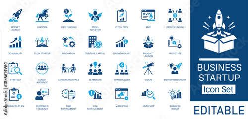 Business Startup and Entrepreneurship solid icon set. Includes symbols for Rocket Launch, Pitch Deck, Seed Funding, and Unicorn. Solid vector icons for business plan and innovation.