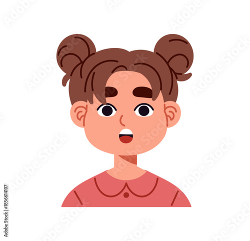 Avatar of little girl with open mouth by shock. Worried staring child with anxious expression. Portrait of overwhelmed kid with scared emotions on face. Flat isolated vector illustration on white