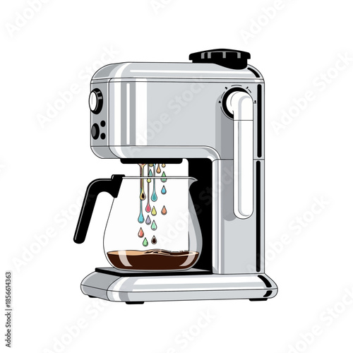Stylized vector illustration of a modern coffee machine brewing fresh coffee with vibrant liquid