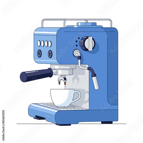 Stylized vector illustration of a blue espresso machine brewing a cup of coffee for a beverage