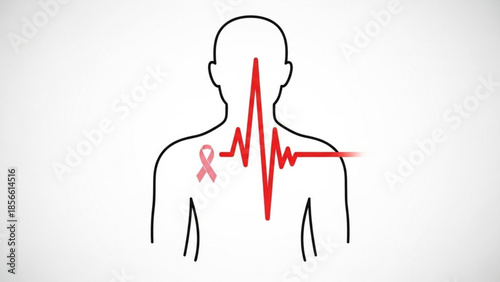 Breast cancer awareness symbol on a human body outline with a red heartbeat line across the chest area indicating health and medical concepts