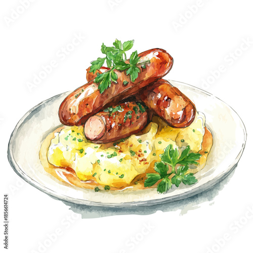 Watercolor-style vector illustration of Bangers And Mash, isolated on a clean white background.